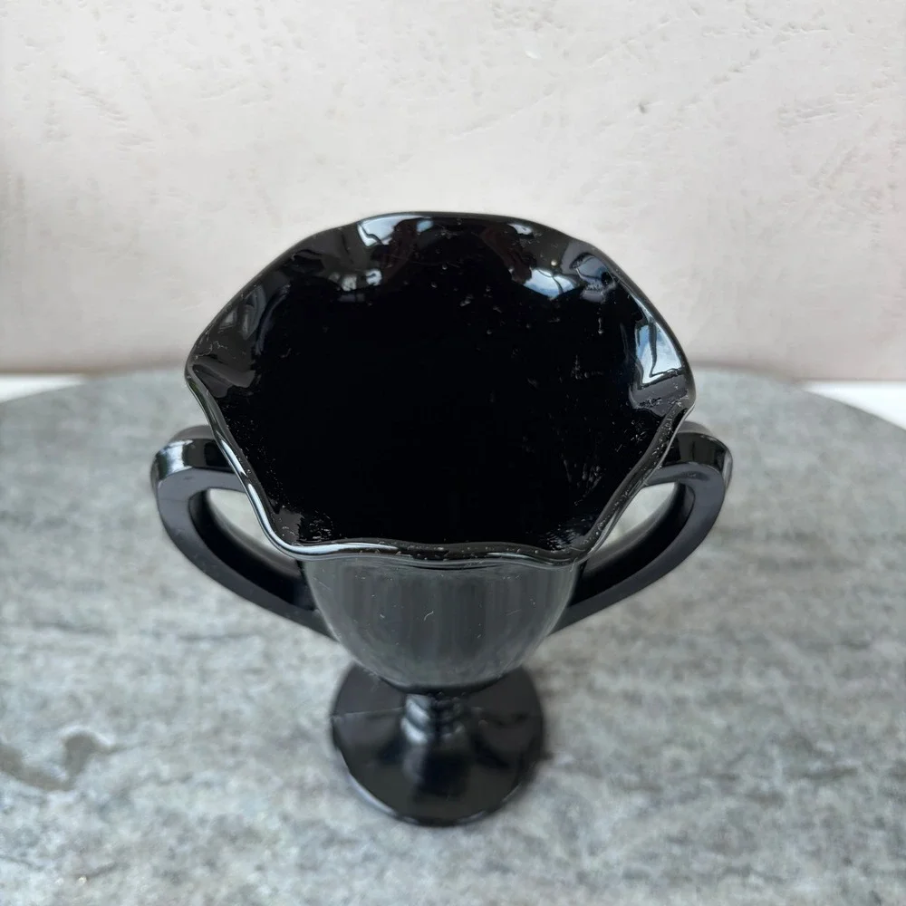 Vintage Black Amethyst Glass Trophy Vase Double Handled Ruffled Pedestal Urn 6in